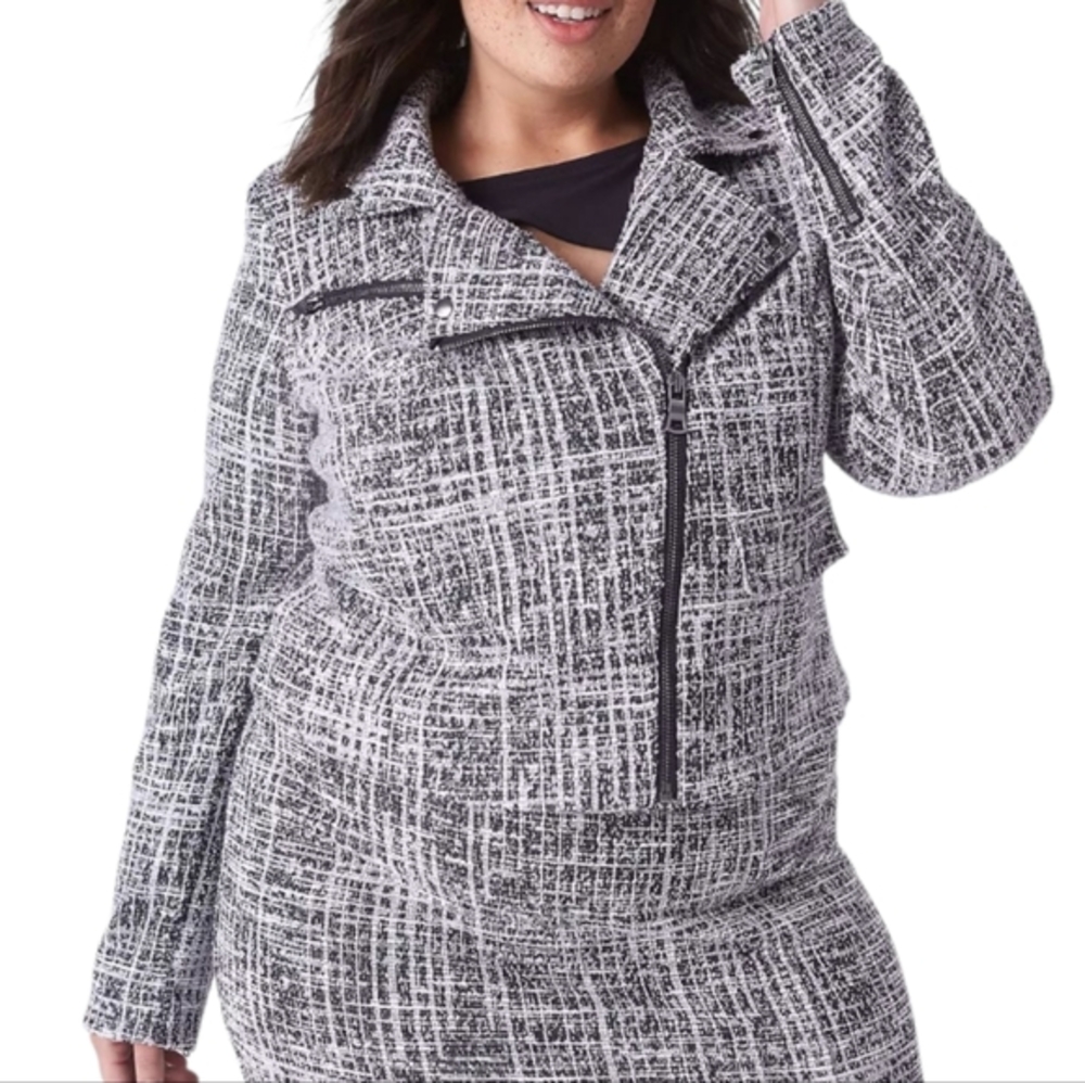 Lane Bryant Tweed‎ Moto Jacket Asymmetrical Zip Front Lightweight Black White 18